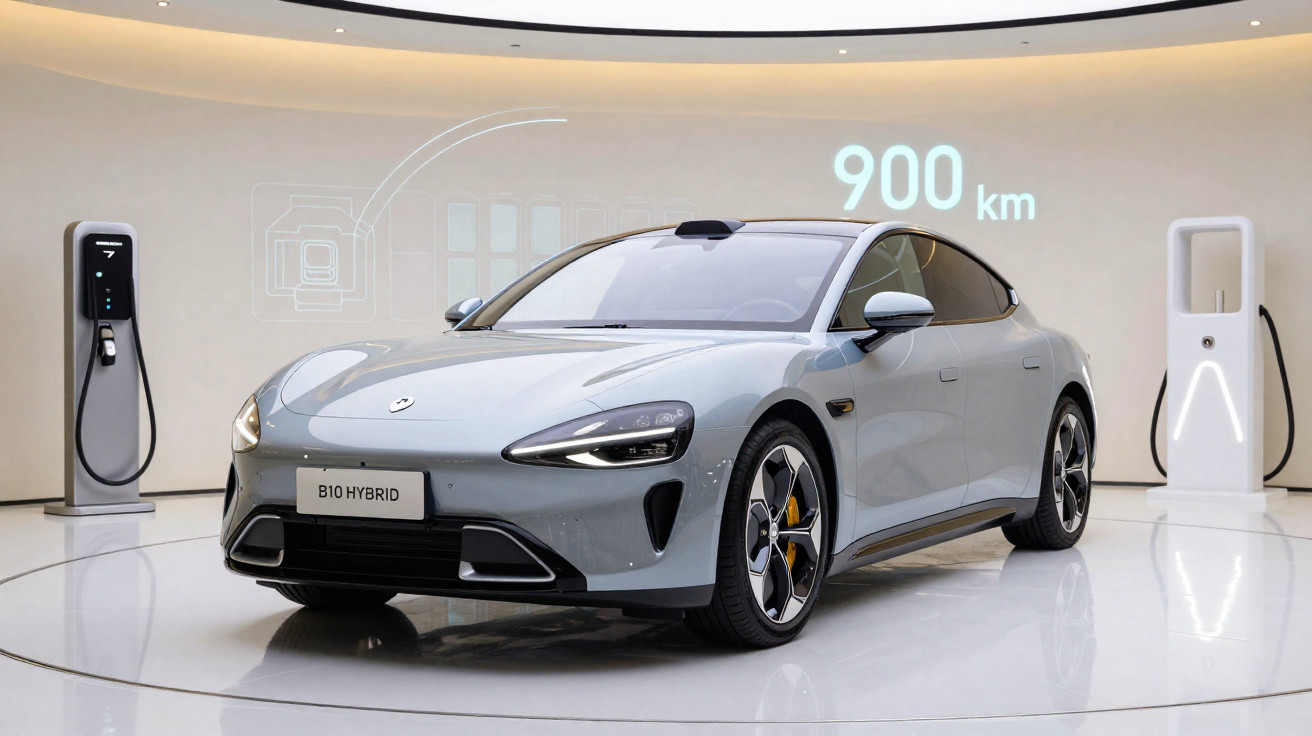 Carro elétrico cinza B10 Hybrid exibido em ambiente moderno com velocidade de 900 km mostrada atrás.