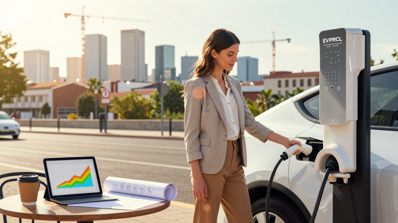 Mulher carregando carro elétrico em estação de recarga ao ar livre, com mesa e notebook ao lado.