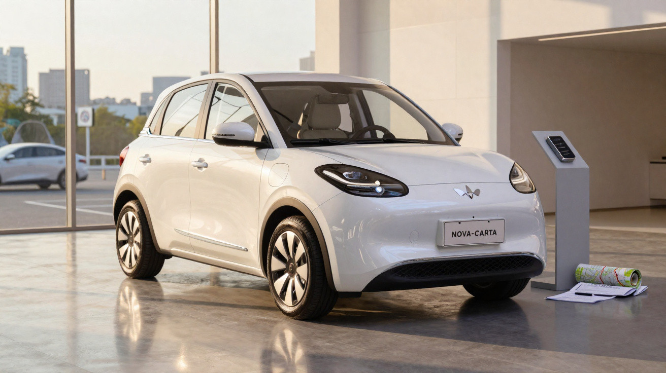 Carro elétrico branco modelo hatch estacionado em ambiente interno com piso refletivo e paredes claras.