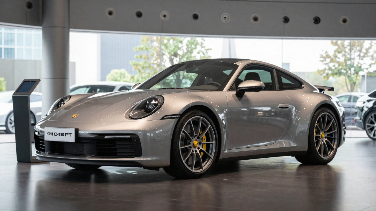 Carro esportivo Porsche 911 prata exibido em showroom moderno com piso escuro e janelas grandes.
