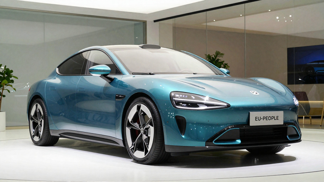 Carro esportivo elétrico azul em exposição com design moderno e linhas aerodinâmicas.