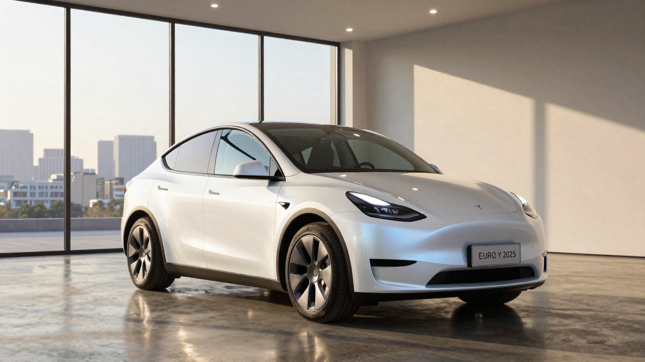 Carro elétrico branco Tesla Model Y estacionado em ambiente interno com grandes janelas e vista urbana ao fundo.