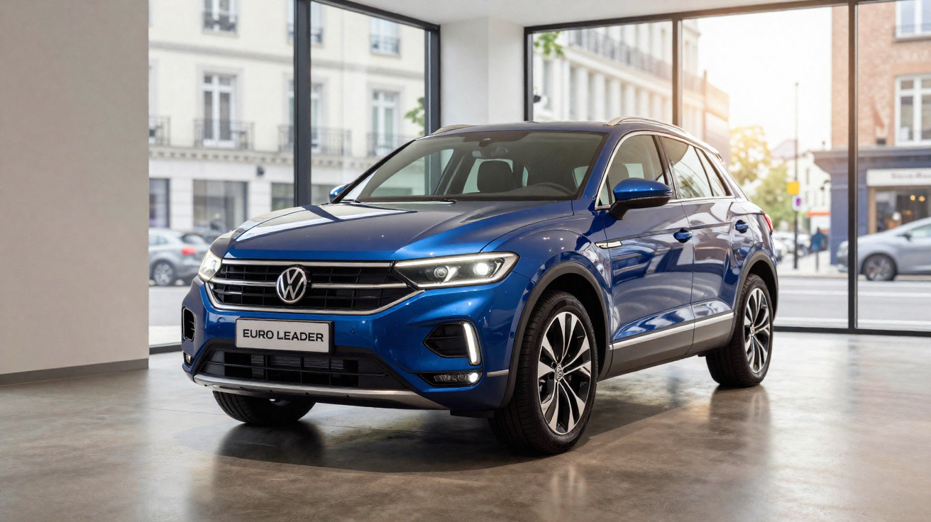 Carro SUV Volkswagen azul modelo Tiguan em salão com teto solar e rodas pretas e prata.