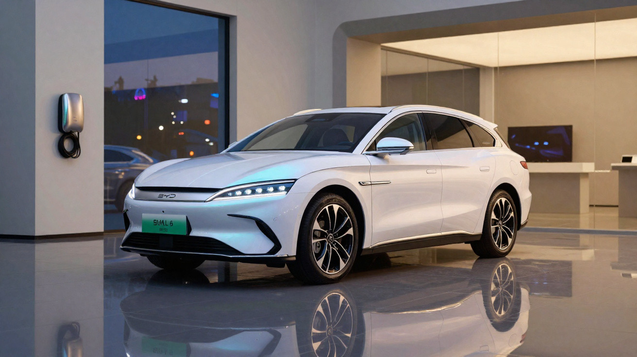 Carro elétrico cinza estacionado em ambiente interno moderno com carregador na parede.
