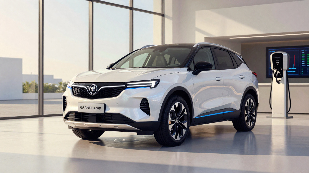 Carro elétrico SUV branco Grandland estacionado em ambiente interno com carregador elétrico ao fundo.