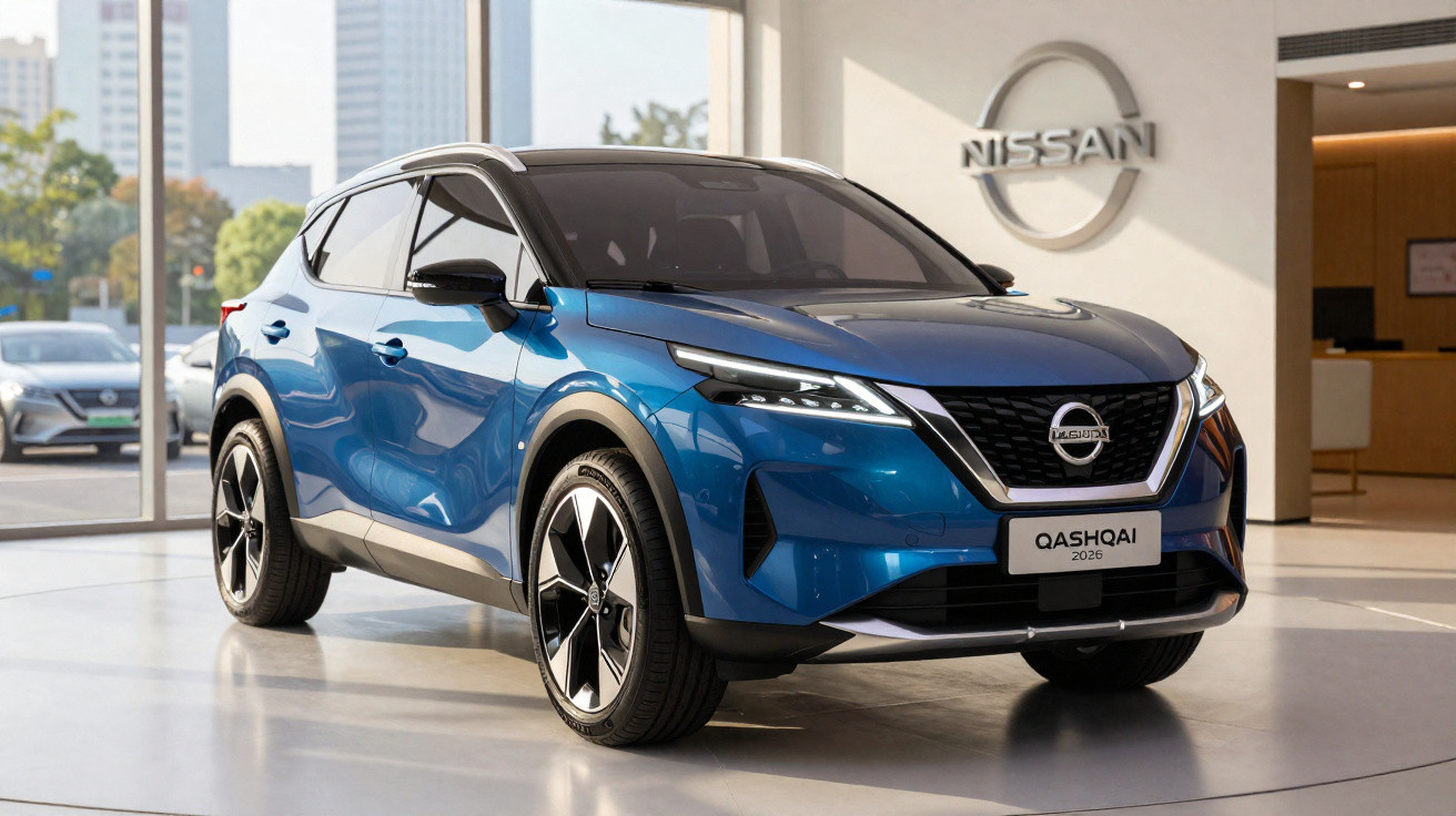 Carro SUV Nissan Qashqai 2026 azul exposto em showroom moderno com luz natural.