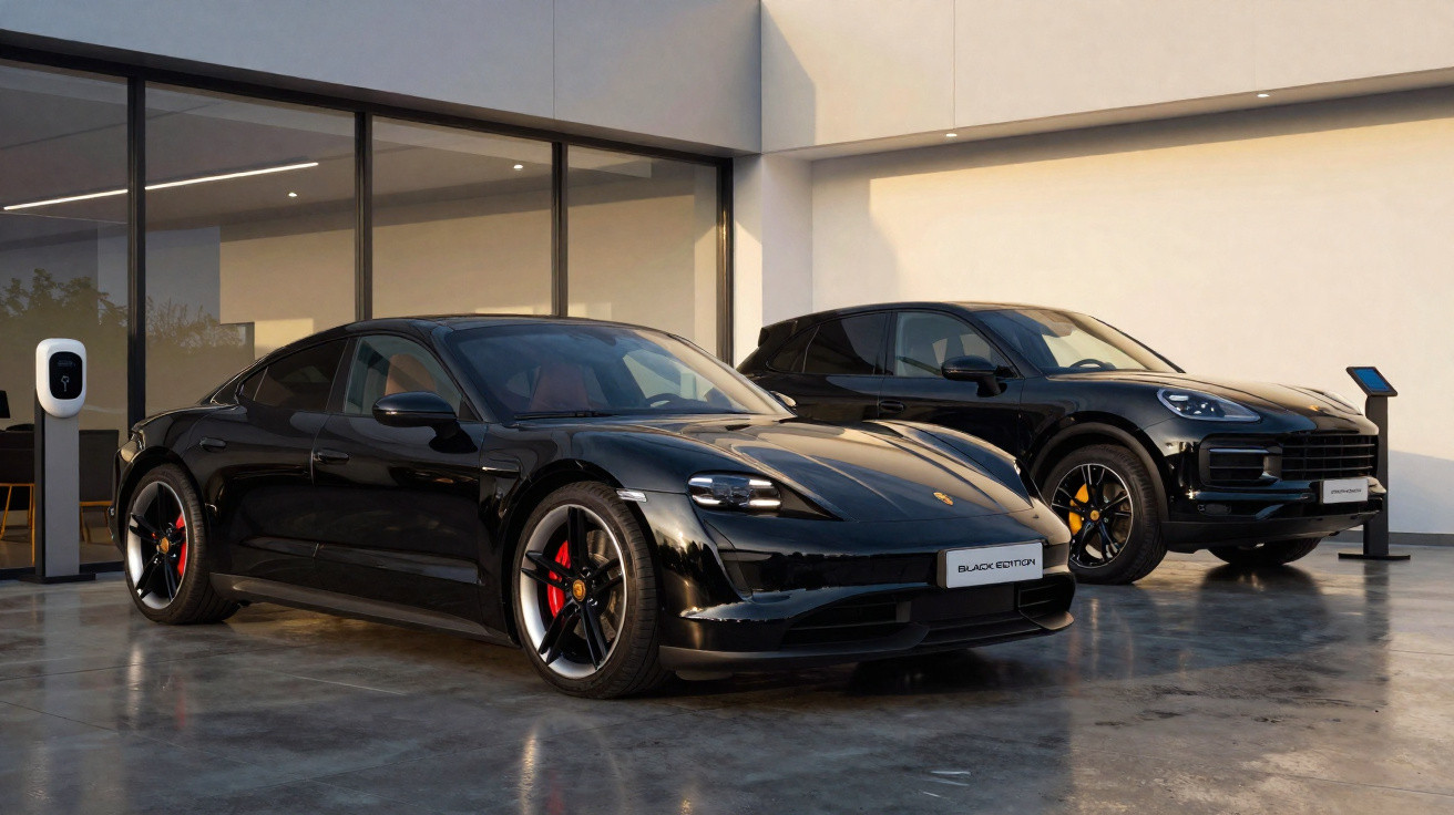 Dois carros pretos da Porsche, um esportivo e um SUV, estacionados em piso refletivo em frente a prédio moderno.