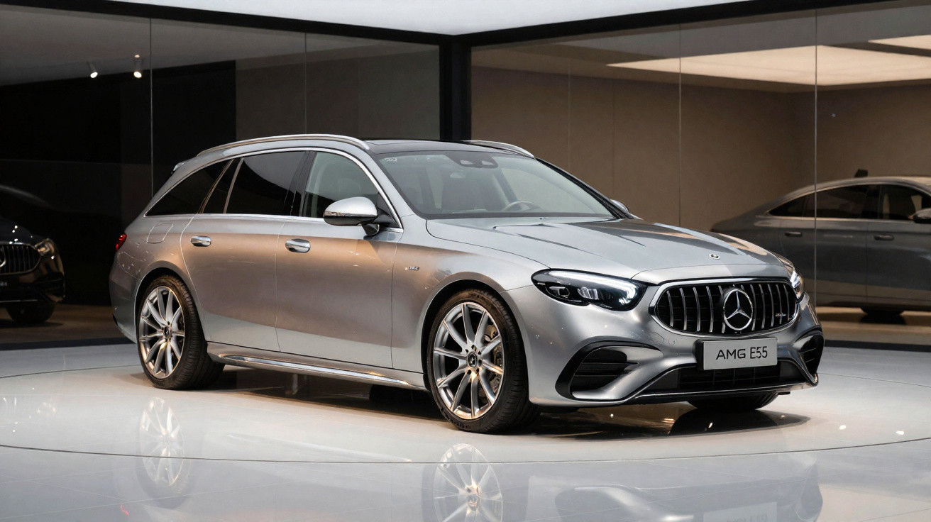 Carro Mercedes-Benz AMG E55 prata em exposição com fundo espelhado refletindo o veículo.