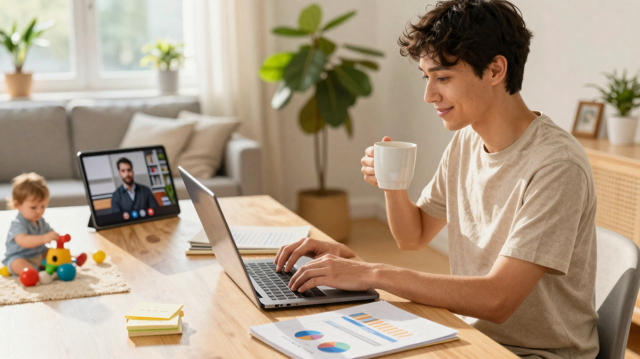 Homem trabalhando em laptop e bebendo café enquanto criança brinca no tapete ao fundo.