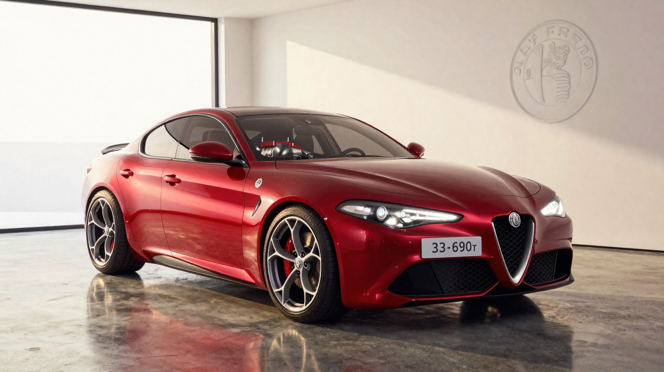 Carro esportivo Alfa Romeo vermelho estacionado em garagem com luz natural e chão refletivo.