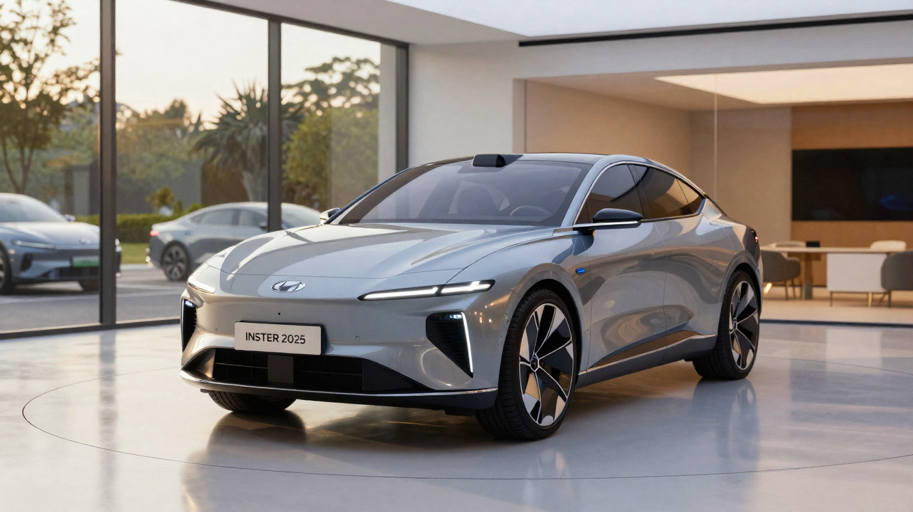 Carro elétrico cinza prata Hyundai Instter 2025 em showroom moderno com janelas amplas e iluminação natural.