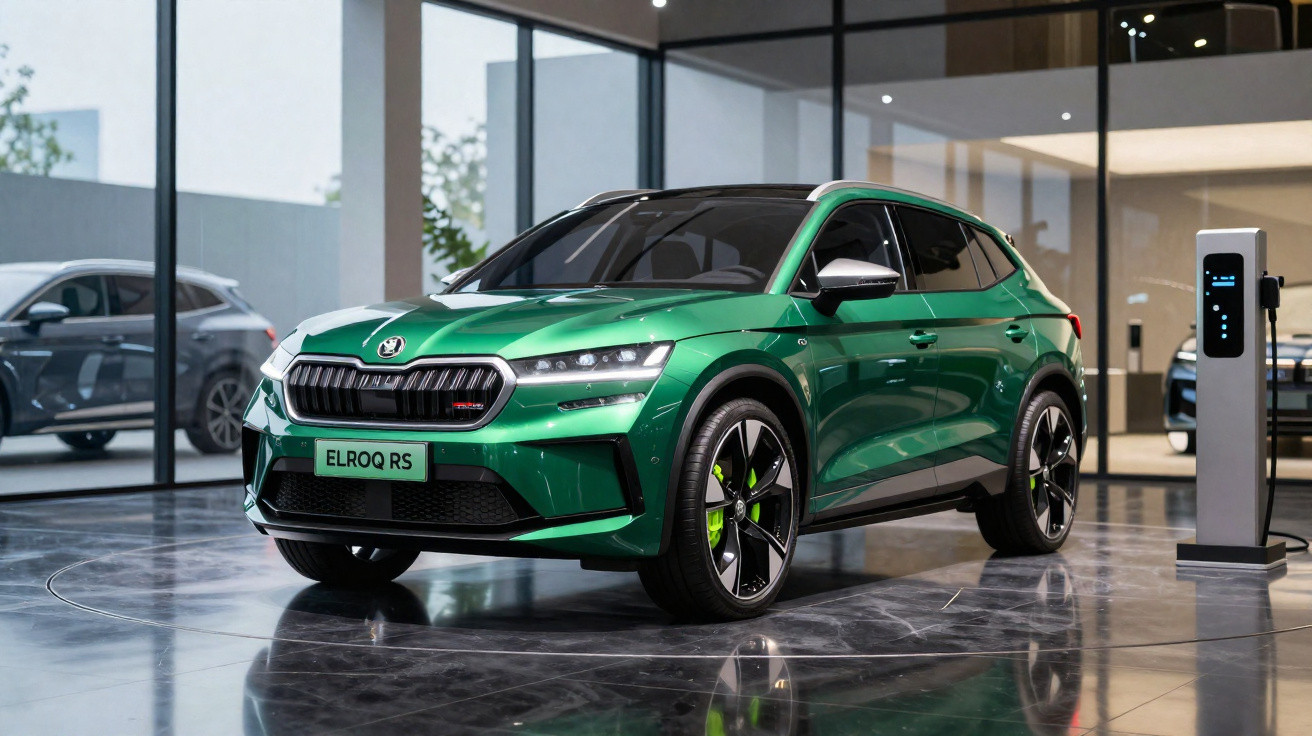 SUV elétrico verde Skoda Enyaq RS sendo carregado em showroom moderno.