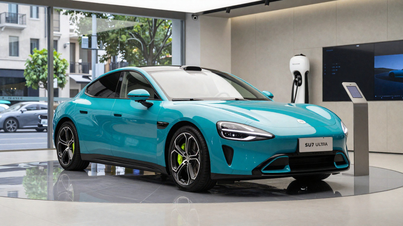 Carro elétrico esportivo azul exibido em showroom moderno com estação de carregamento ao fundo.