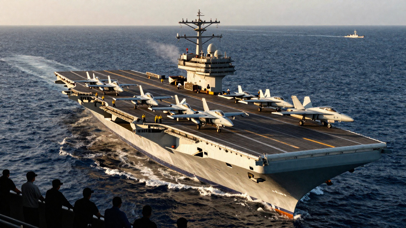 Porta-aviões com vários caças F/A-18 estacionados no convés navegando no oceano com tripulação observando.