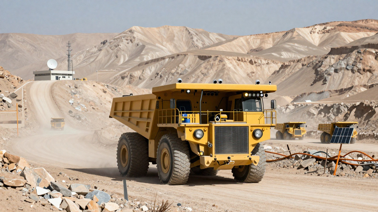 Caminhão amarelo de grande porte transporta material em estrada de mina a céu aberto em região montanhosa.