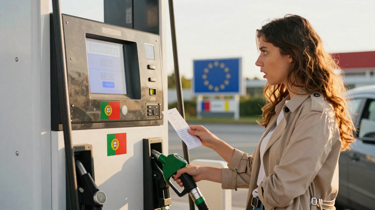 Mulher parada em posto de gasolina em Portugal, segurando nota fiscal e bomba de combustível verde.