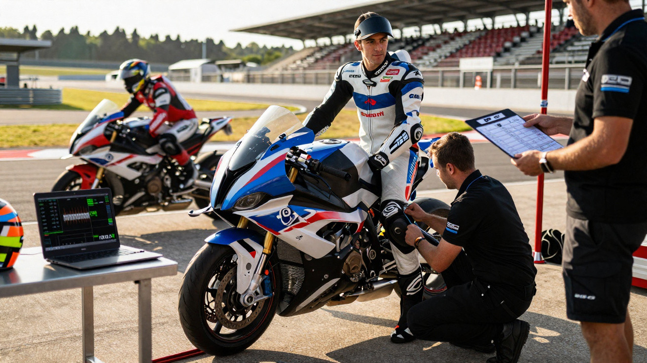 Piloto em moto esportiva branca com detalhes azuis recebe ajustes de equipe técnica em autódromo ao pôr do sol.