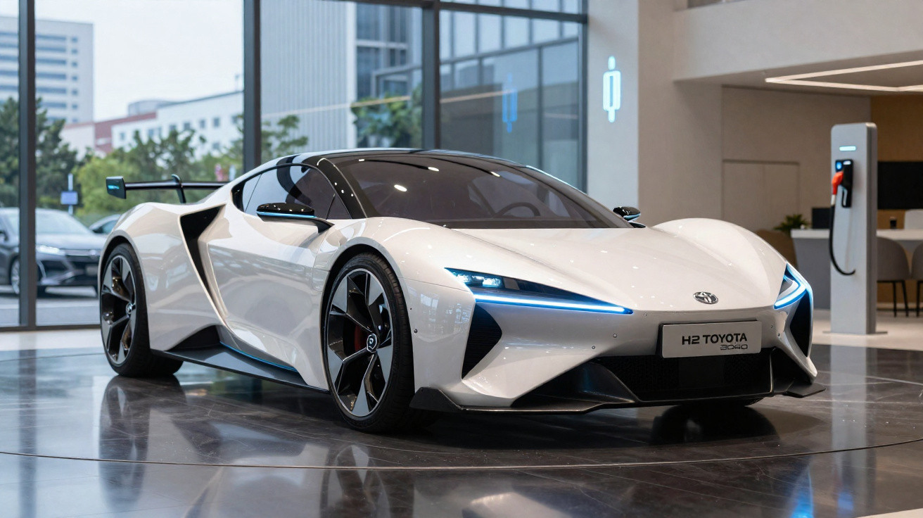 Carro esportivo branco Toyota H2 futurista exposto em showroom moderno com carregador elétrico ao fundo.