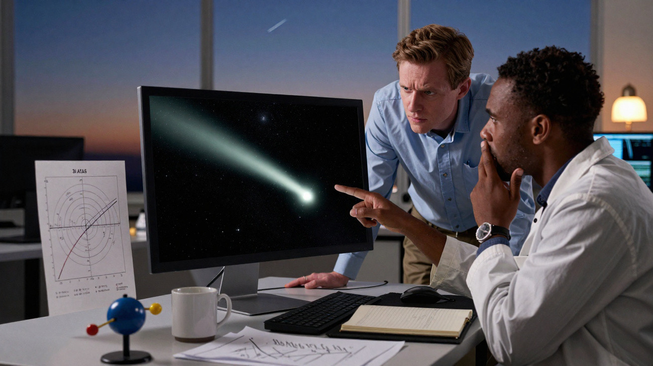 Dois cientistas analisando a imagem de um cometa em um monitor de computador em um escritório.