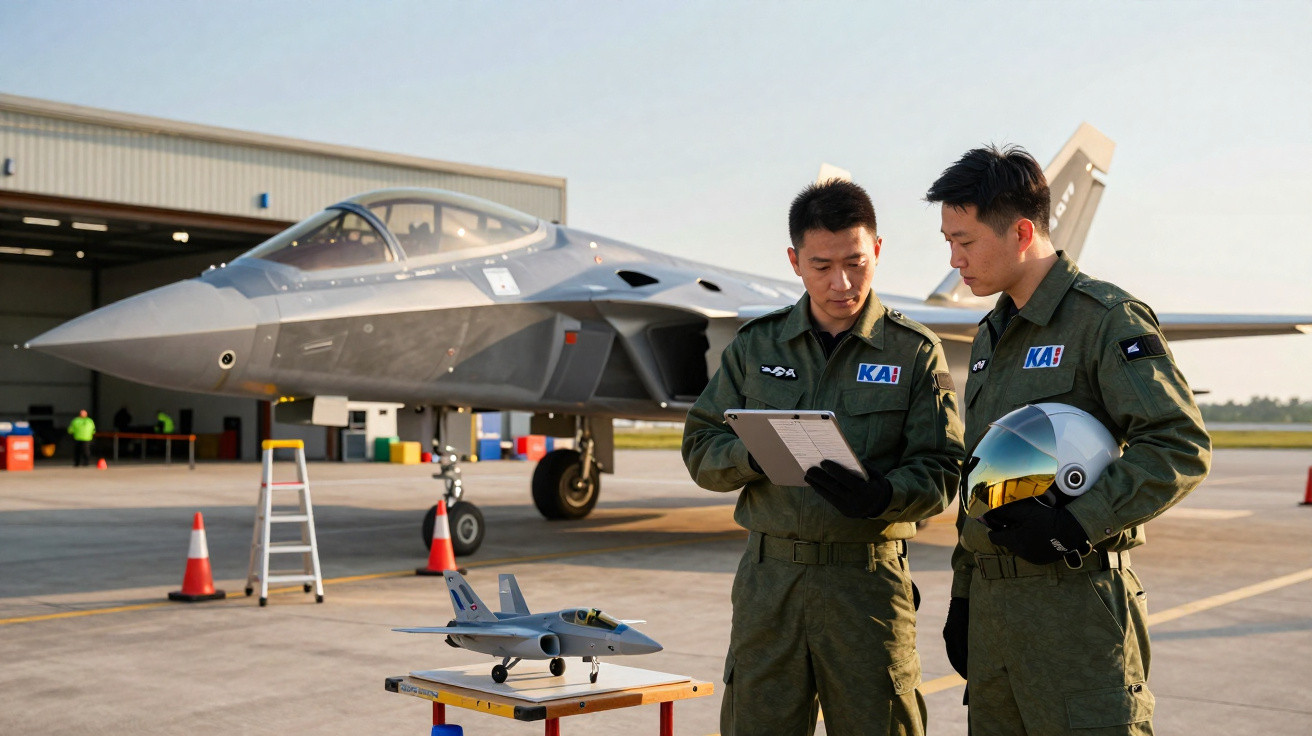 Dois pilotos de uniforme verde seguram uma prancheta e capacete perto de jato militar cinza estacionado em pista.