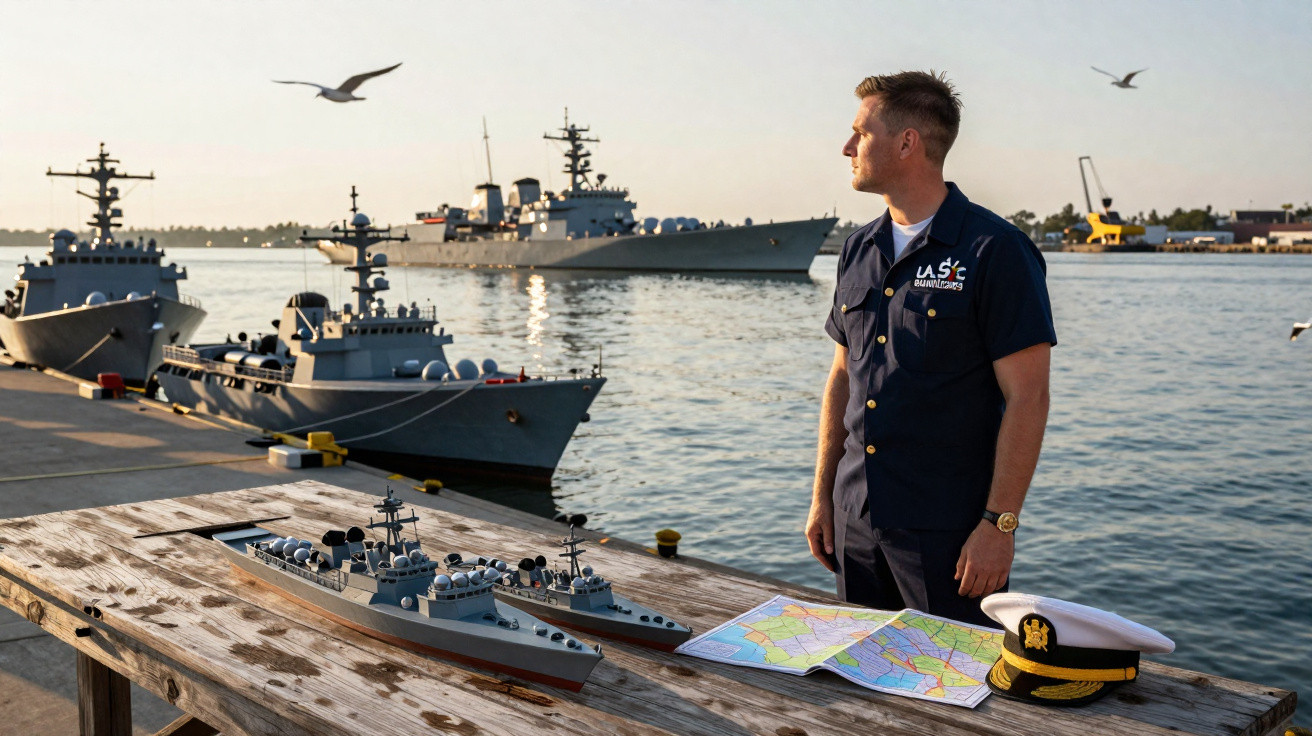 Marinheiro em uniforme azul observa navios de guerra no porto, com maquetes e mapas sobre mesa de madeira.