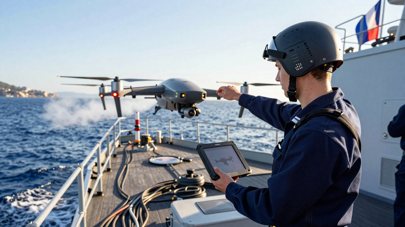 Militar com capacete opera drone no convés de navio em alto mar durante dia claro.