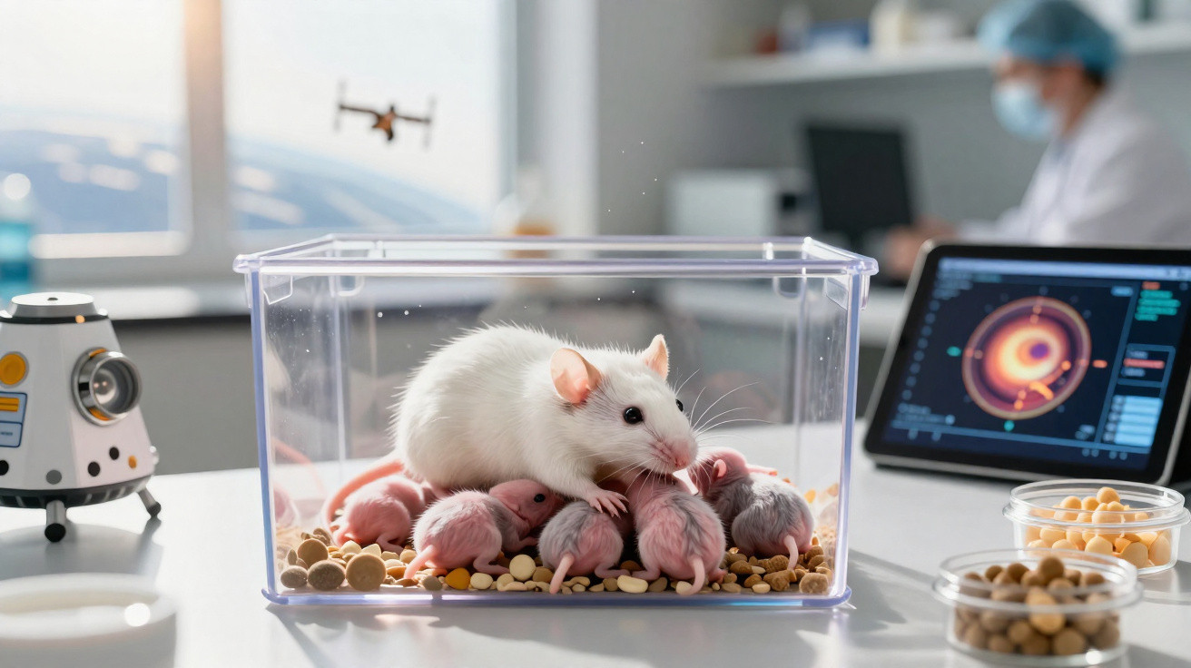 Rato branco com filhotes em caixa transparente, mesa com petiscos e equipamentos de laboratório ao fundo.