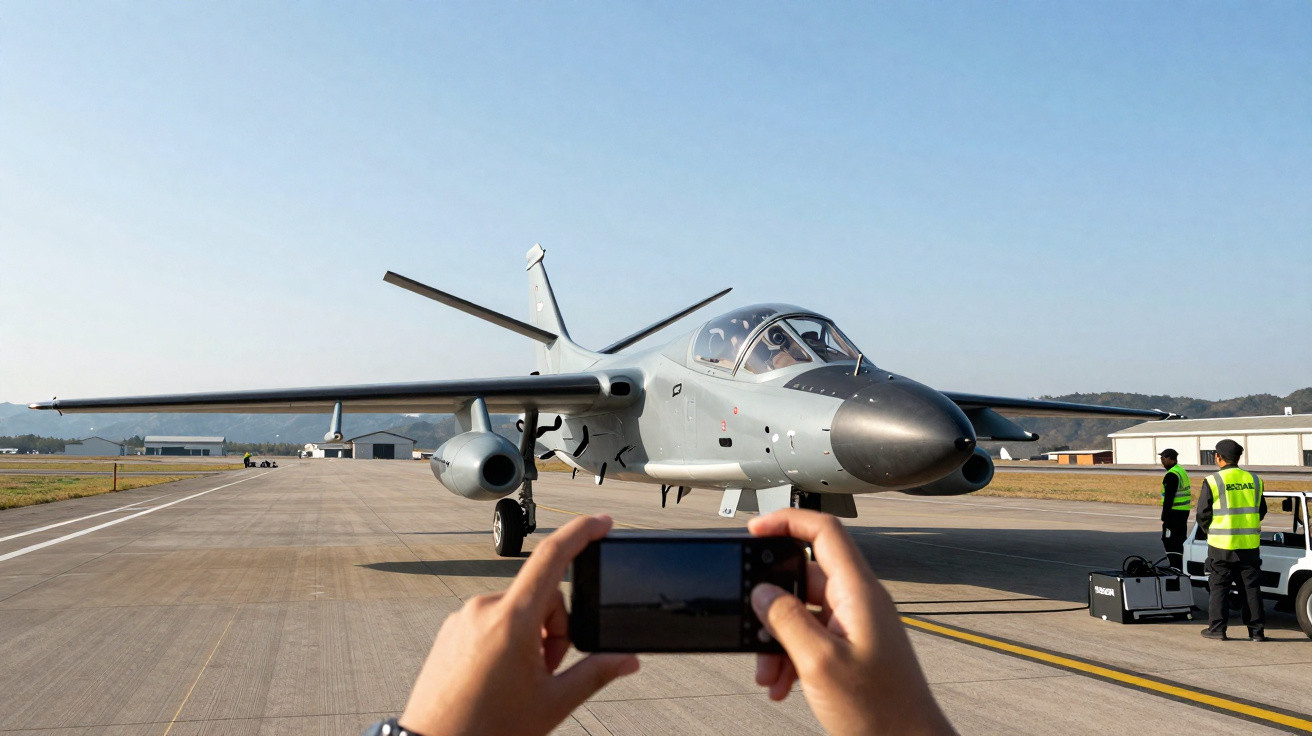 Avião militar estacionado em pista, com pessoa fotografando e dois seguranças ao fundo em aeroporto.