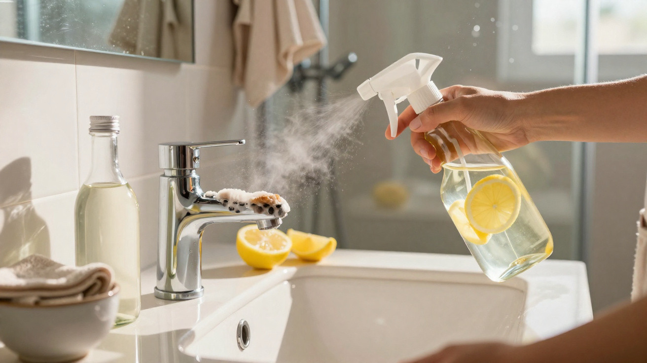 Mão borrifando limpador natural com fatias de limão em torneira de banheiro com espuma.