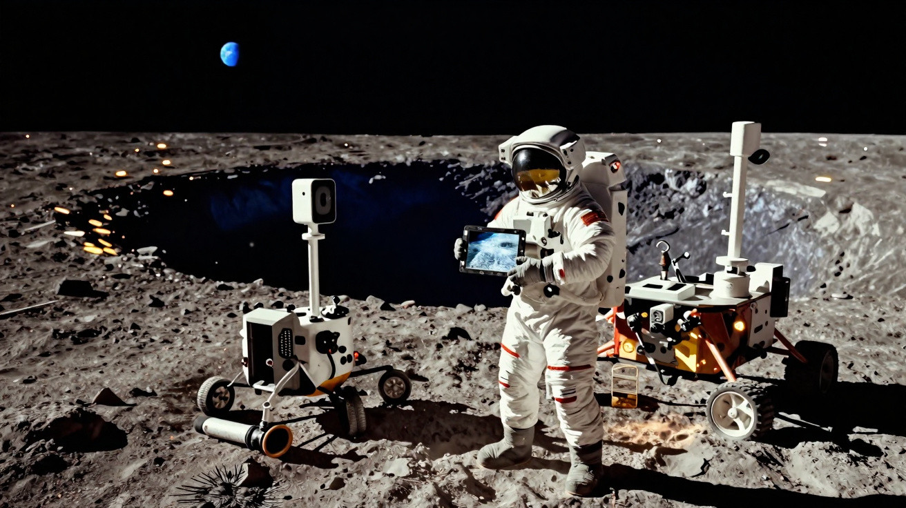 Astronauta na superfície lunar segurando tablet com rovers e a Terra ao fundo.