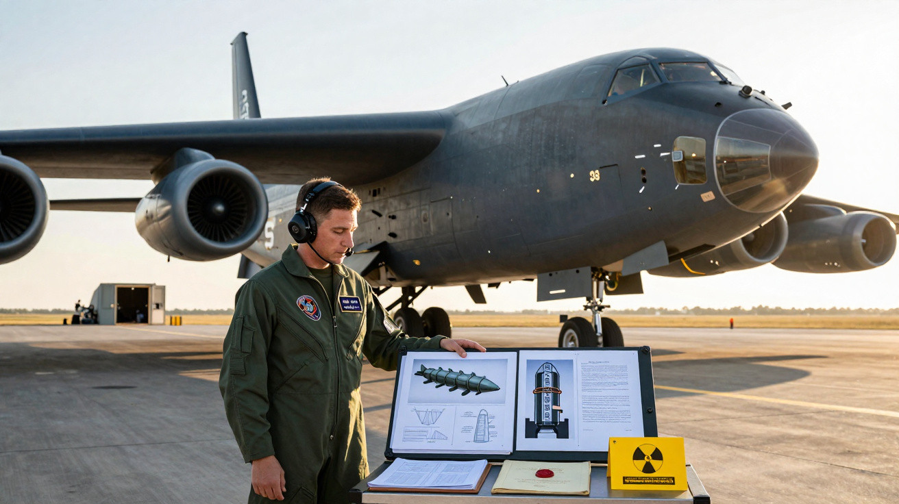 Homem fardado com fone diante de planejador com imagens de bomba nuclear em pista com avião militar ao fundo.