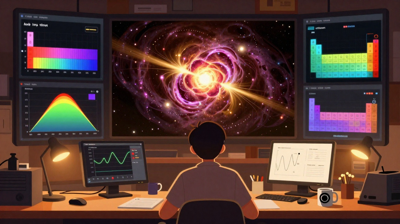 Pessoa observando gráficos científicos e imagem cósmica em múltiplos monitores em ambiente de trabalho tecnológico.