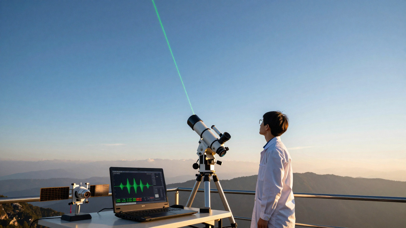 Cientista observa célula solar com telescópio em laboratório ao ar livre durante o pôr do sol.