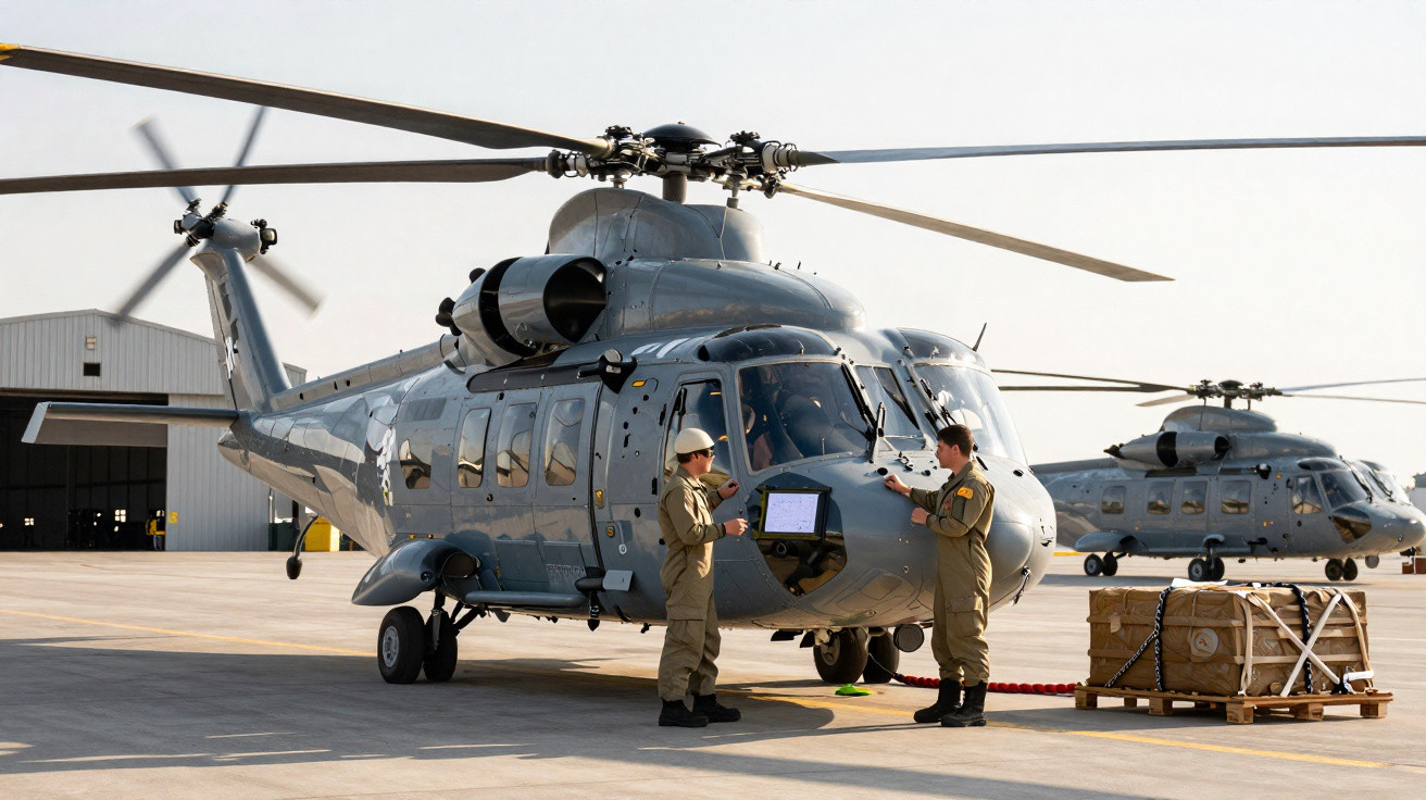 Helicópteros militares cinzas em pista com duas pessoas em uniforme interagindo e carga em palete.