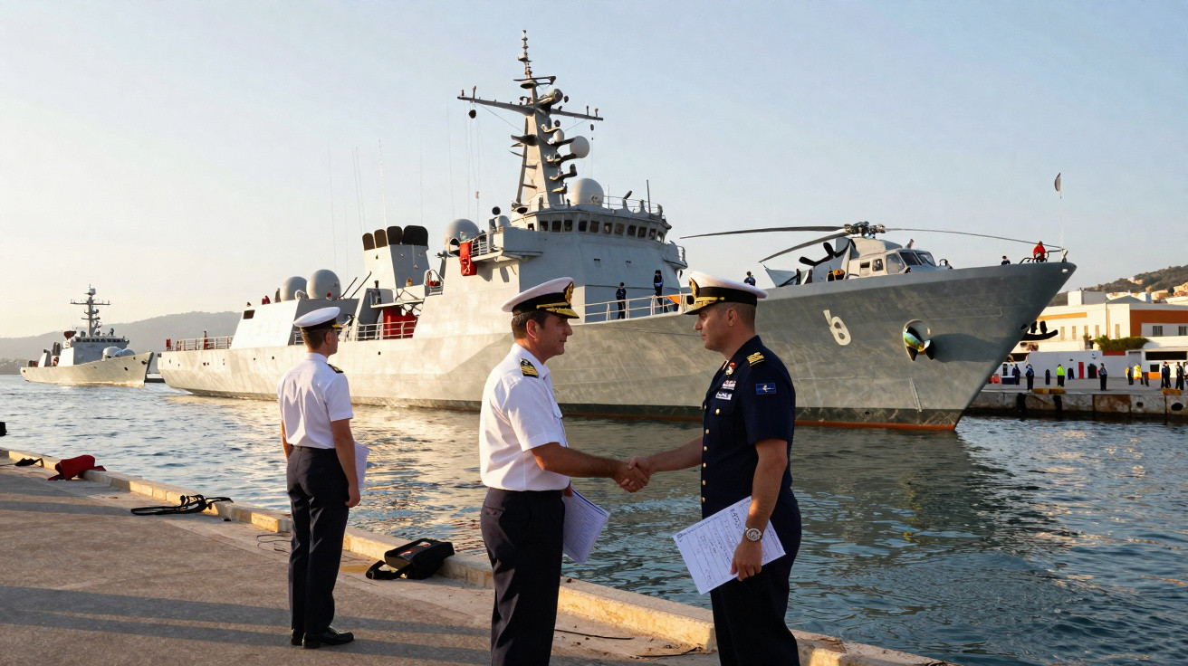 Dois oficiais navais apertam as mãos ao lado de um navio militar atracado no cais.