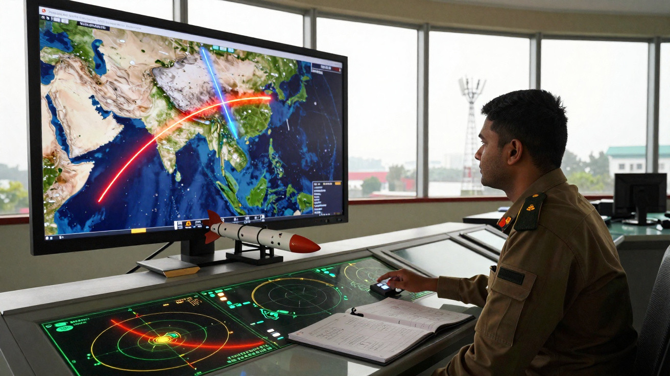 Homem militar observa rastreamento de voo com telas mostrando mapas e rotações em sala de controle.