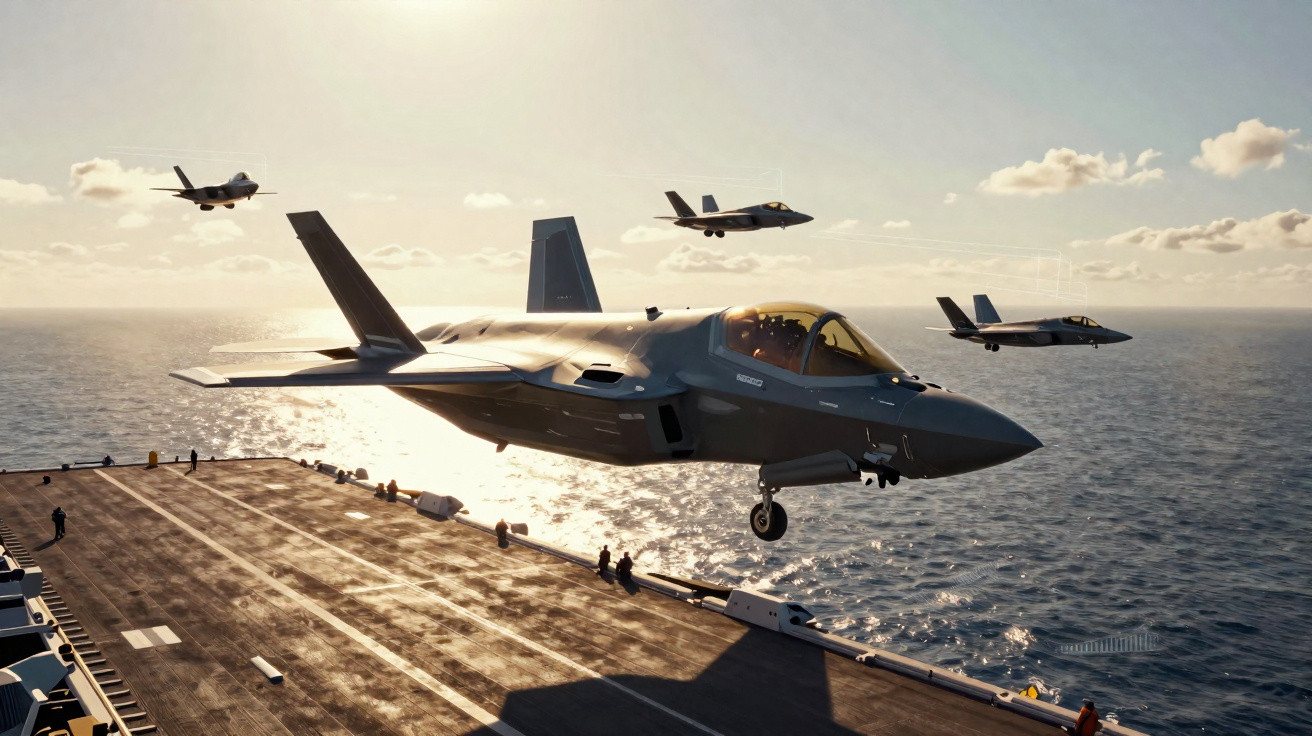 Caça F-35 decolando de porta-aviões com outros três aviões voando sobre o oceano ao pôr do sol.