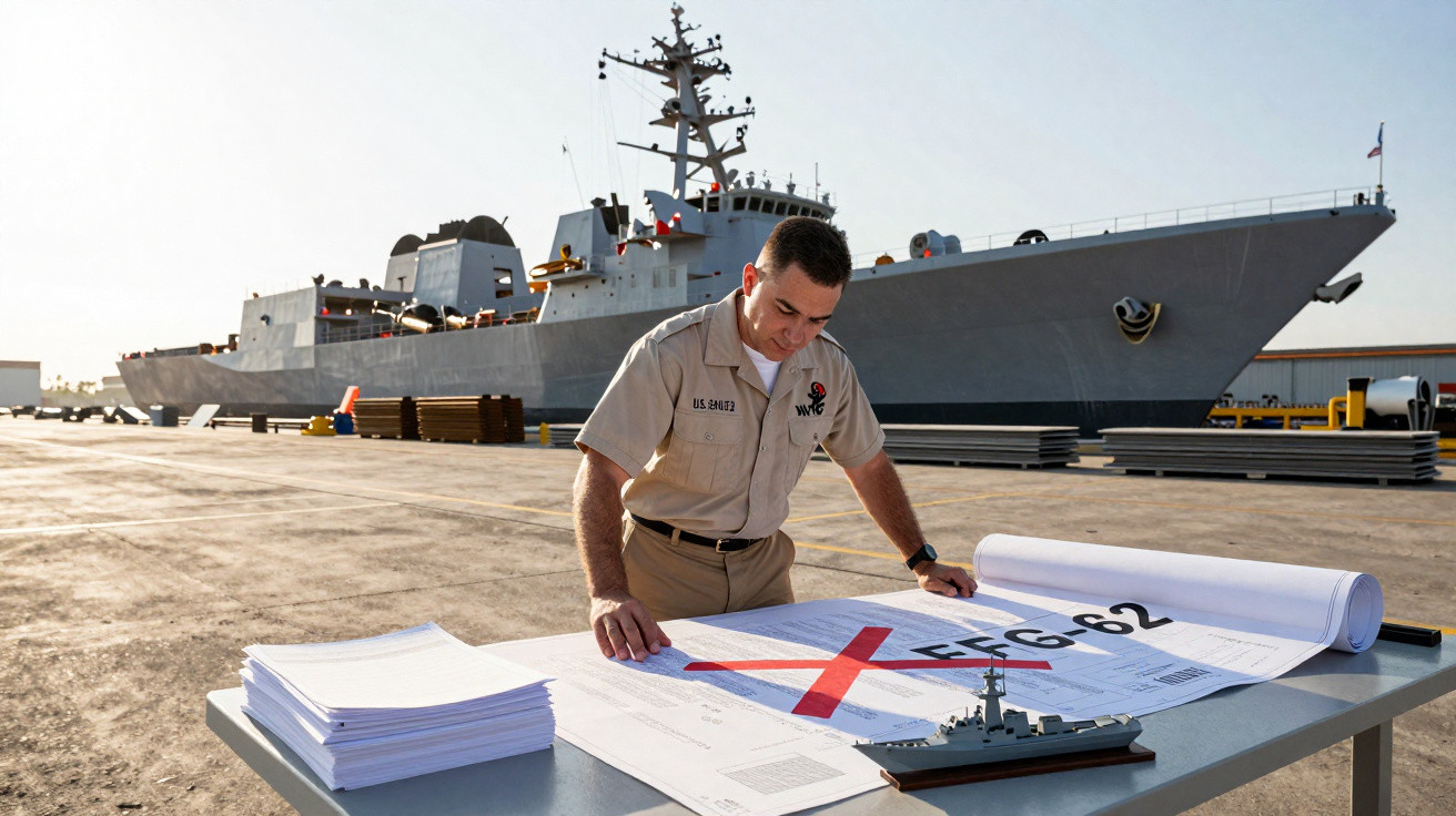 Homem em uniforme naval analisa planta de navio com modelo de embarcação ao lado, navio grande ao fundo.