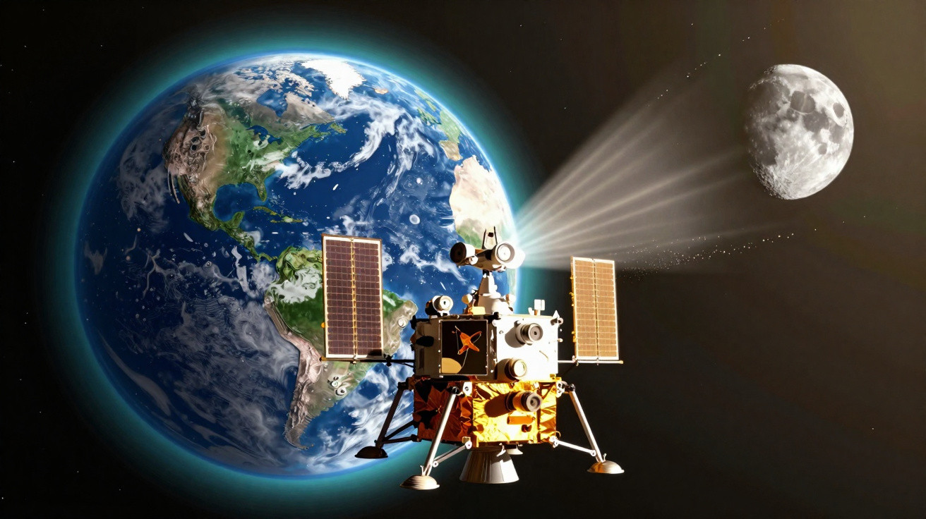 Sonda espacial com painéis solares entre a Terra e a Lua no espaço, emitindo feixes de luz.