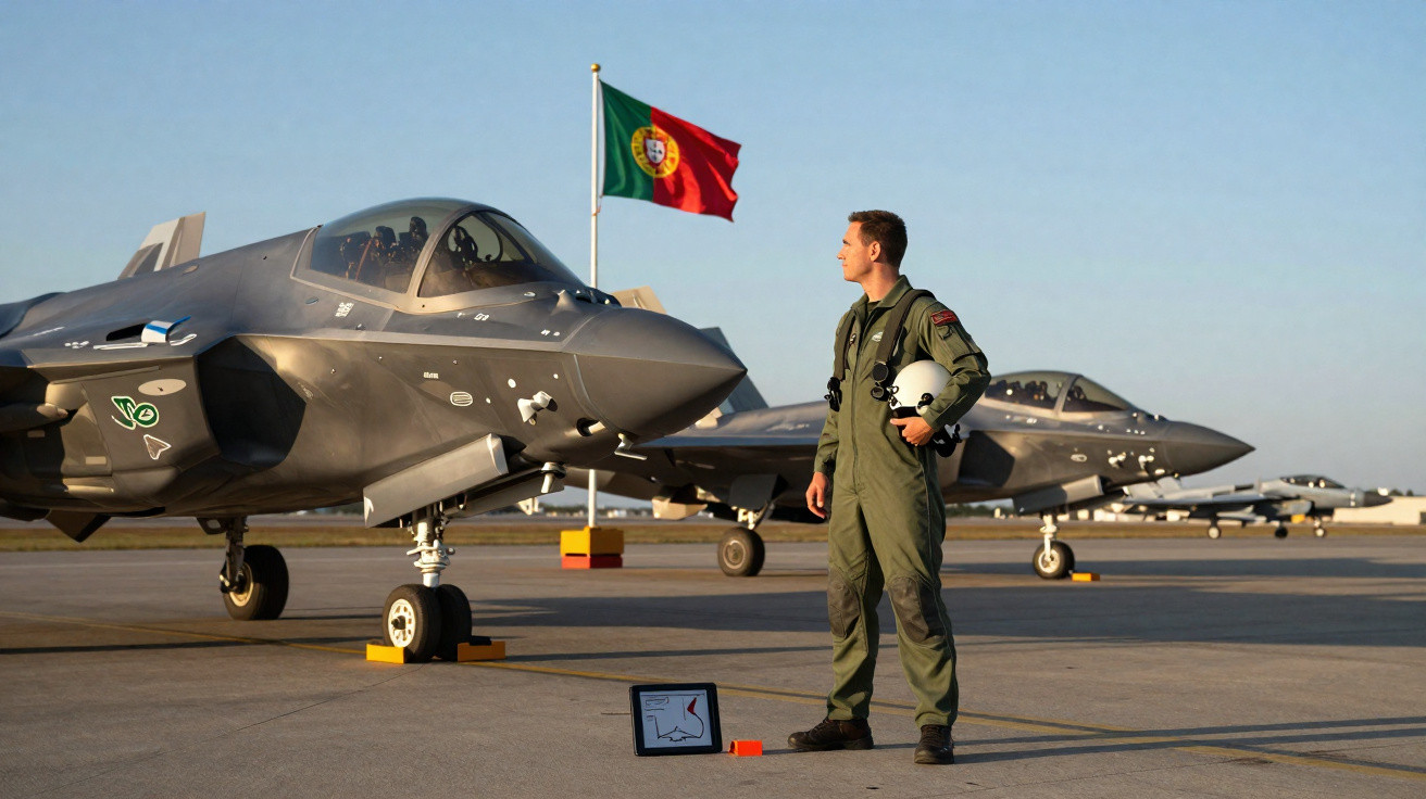 Piloto militar em uniforme verde segurando capacete ao lado de jatos de combate com bandeira de Portugal ao fundo.