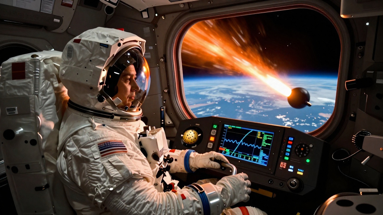 Astronauta em traje espacial observa meteoro entrando na atmosfera terrestre pela janela da nave espacial.
