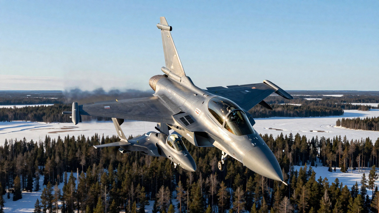 Caça militar voando sobre floresta e campos cobertos de neve em dia claro.