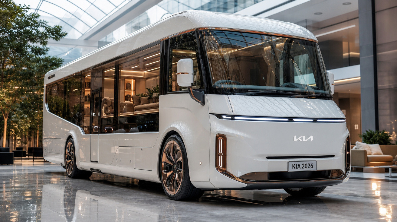 Ônibus elétrico branco de design moderno com interior luxuoso em ambiente interno brilhante.