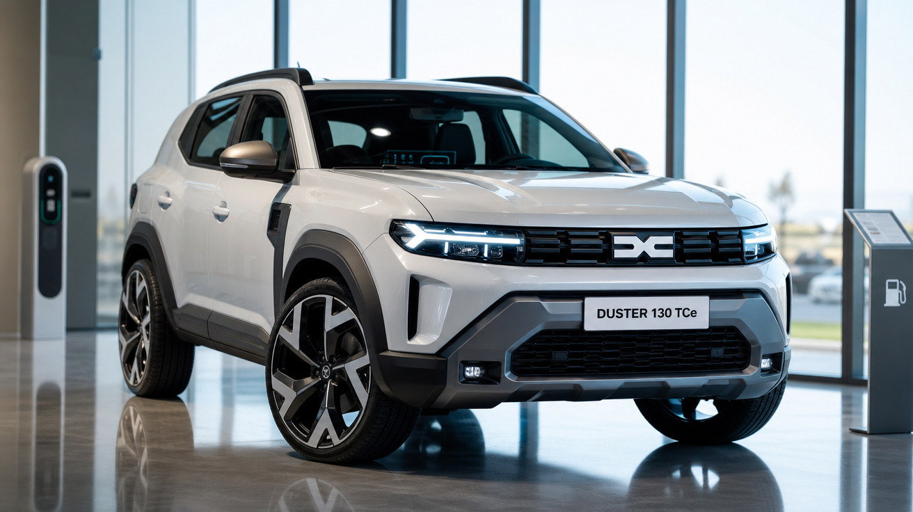 SUV branco Duster 130 TCe em showroom moderno com grandes janelas e piso refletivo.