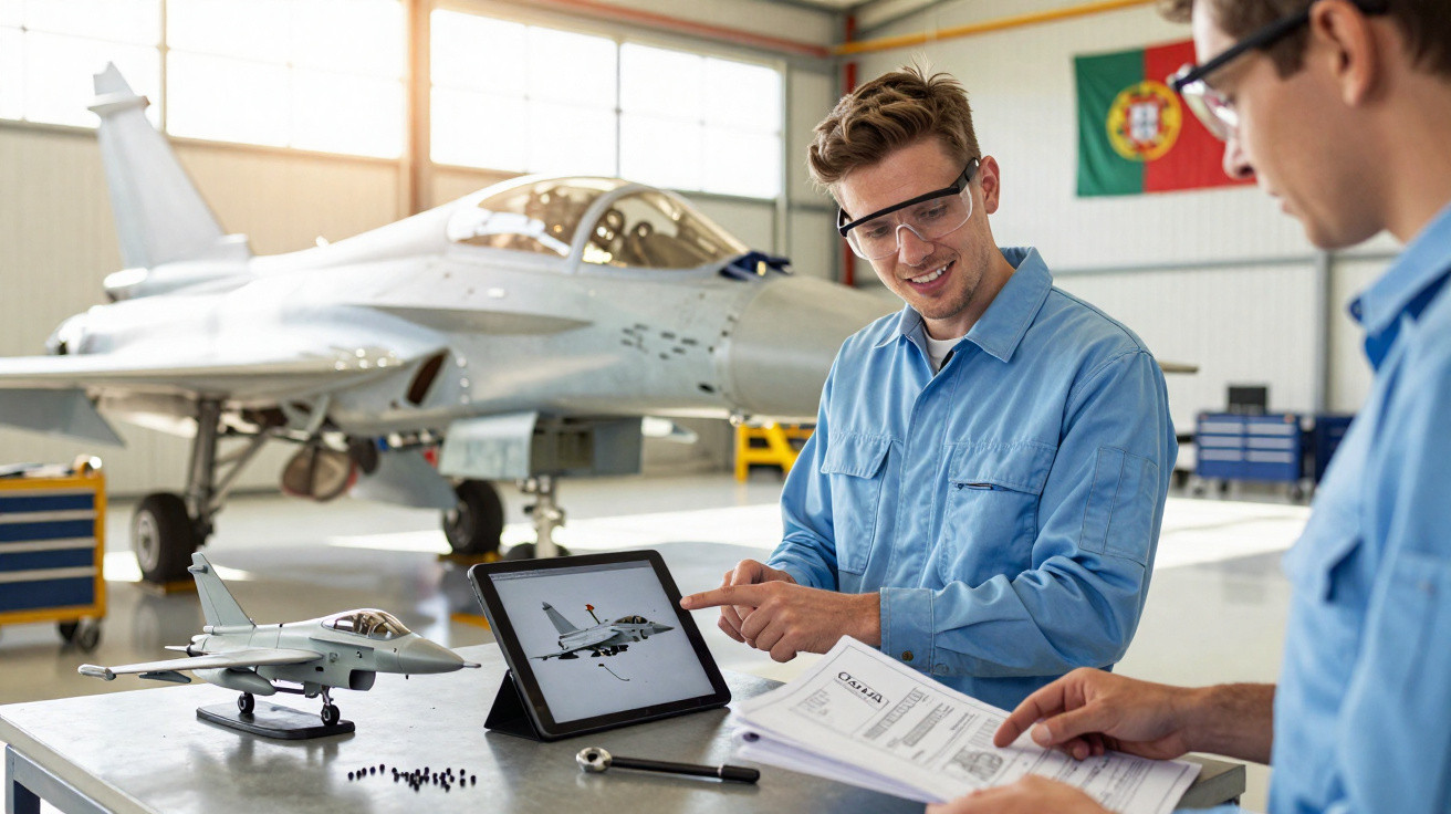 Dois técnicos em uniforme azul revisam projeto de avião militar em hangar com jato ao fundo.