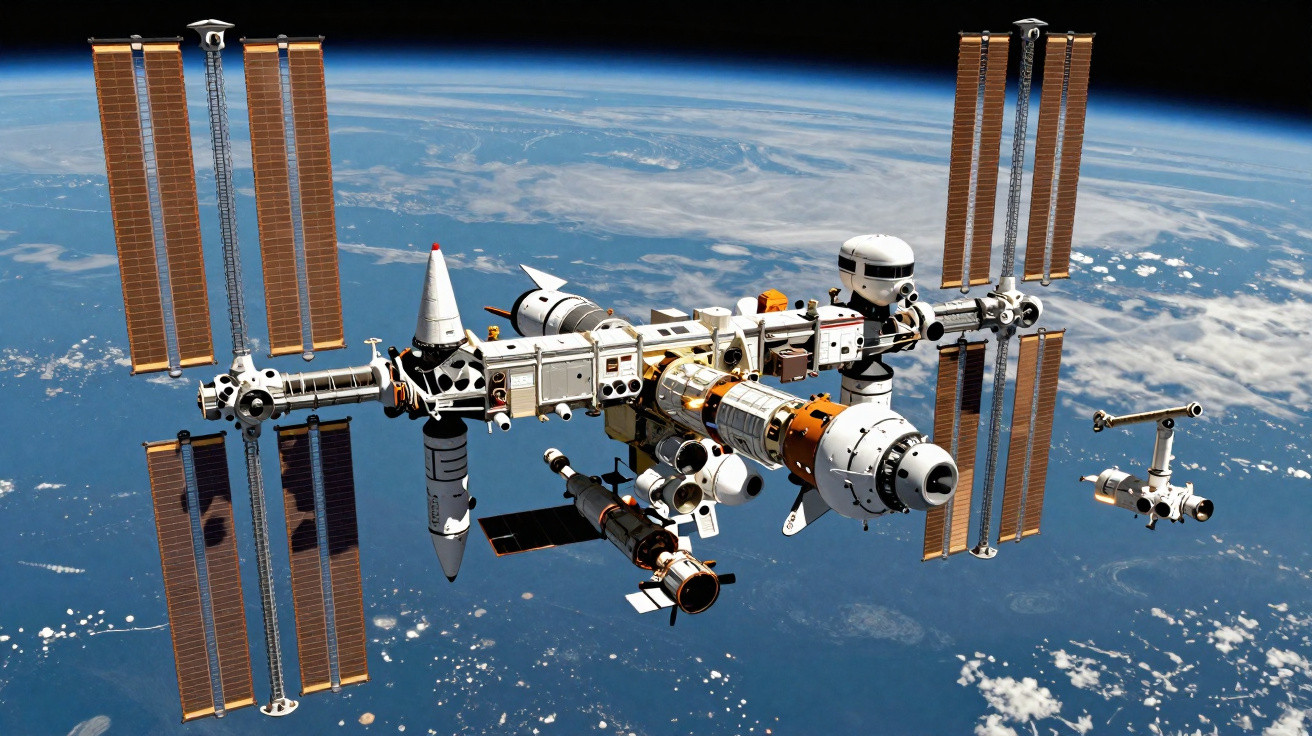 Estação espacial com painéis solares flutuando em órbita acima da Terra com céu escuro e nuvens visíveis.